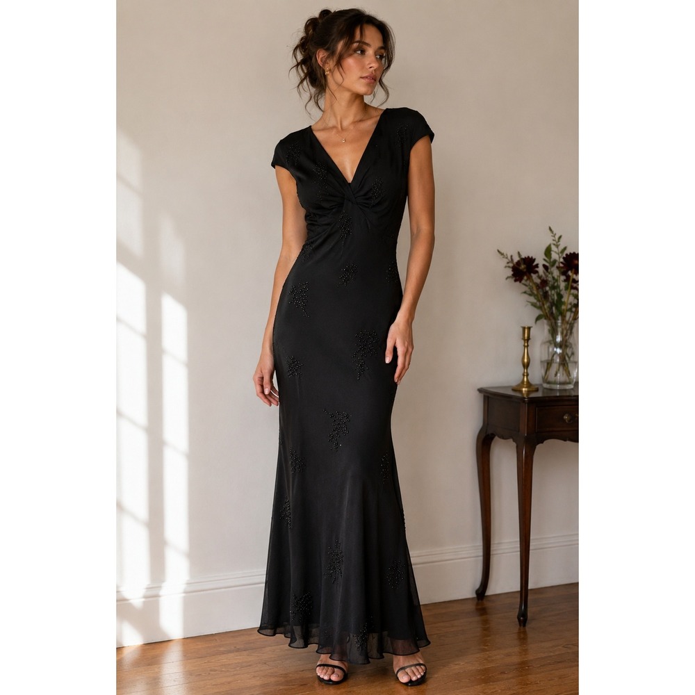 Jones New York Maxi Dress 4 Black Silk Beaded V-Neck Formal Gown Old Hollywood